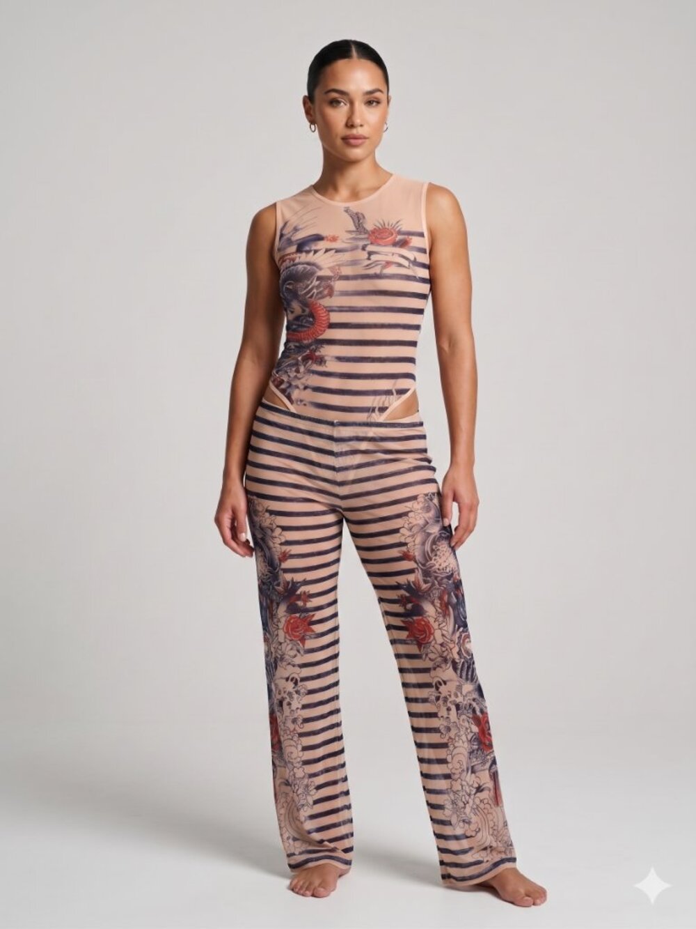 NWT | Sheer Tattoo Print Sleeveless Bodysuit & Striped Pants Set | XL